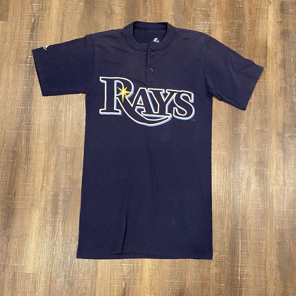 Majestic Tampa Bay Rays Shirt Mens Sz S Blue MLB Baseball Button #13 autographed